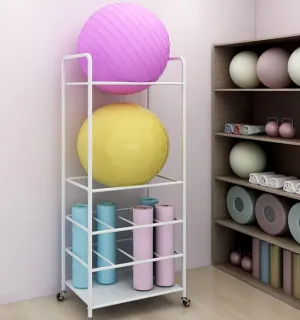 Large Capacity Rolling Yoga Mat and Ball Storage Rack, Heavy Duty Metal Organizer with Lockable Wheels for Home Gym Studio(White)