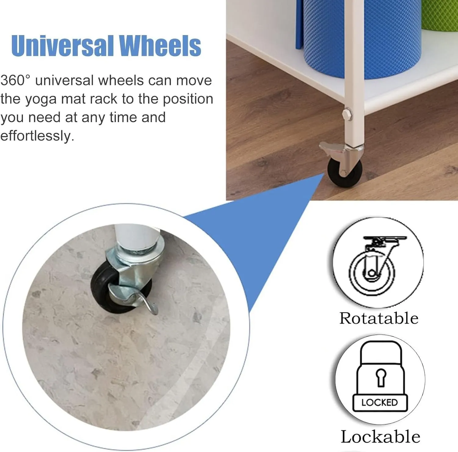 Large Capacity Rolling Yoga Mat and Ball Storage Rack, Heavy Duty Metal Organizer with Lockable Wheels for Home Gym Studio(White)