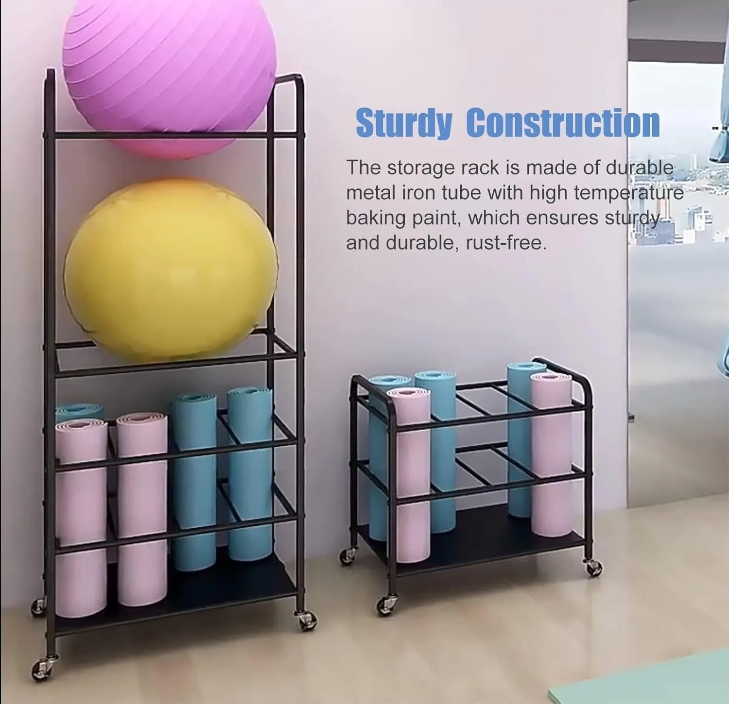 Large Capacity Rolling Yoga Mat and Ball Storage Rack, Heavy Duty Metal Organizer with Lockable Wheels for Home Gym Studio(White)