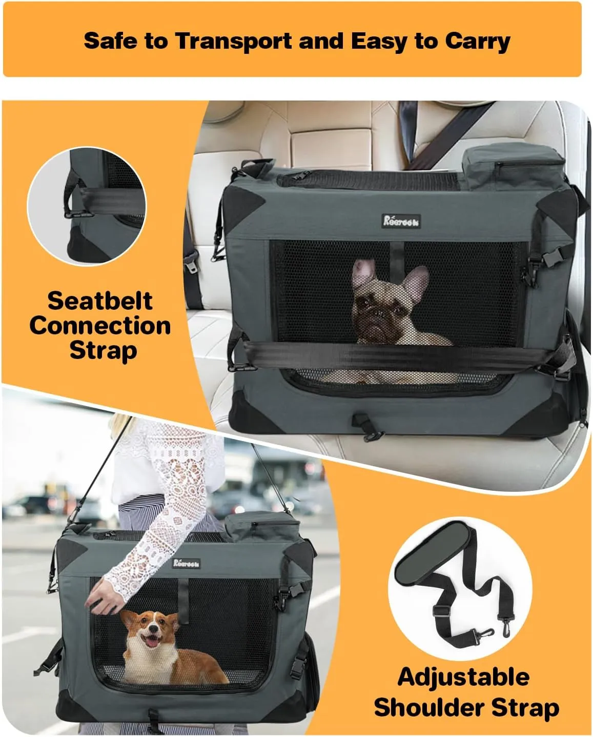 Large Cat Carrier 24"x16"x16", Soft Dog Crate with 2 Bowls, Collapsible Travel Pet Carrier Bag for Cats Dogs Puppies Kittens (Grey)
