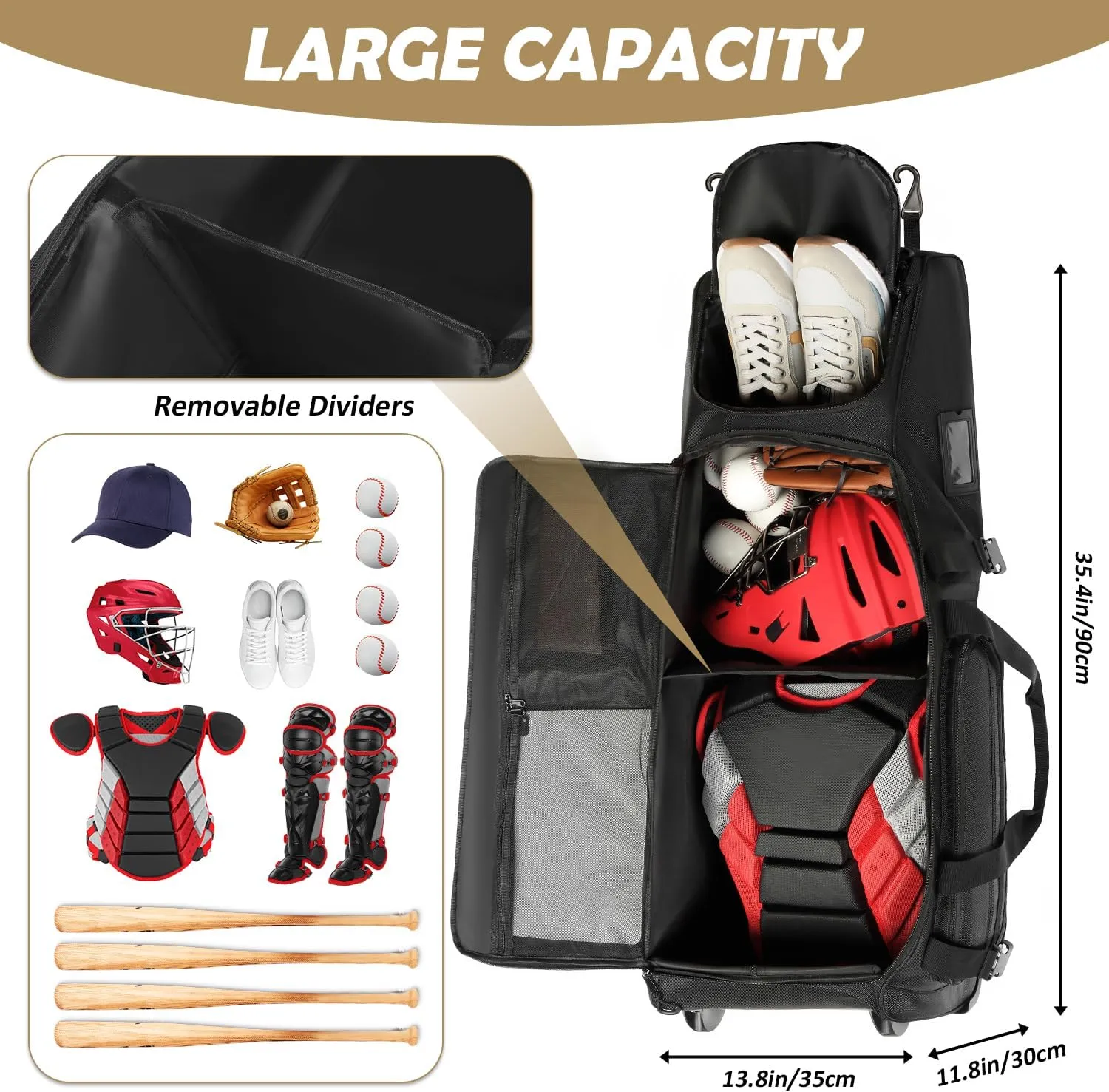 Large Catcher Gear Bag with Wheels - Rolling Baseball Tactical Style for 4 Bats, Multiple Pockets & Fence Hook