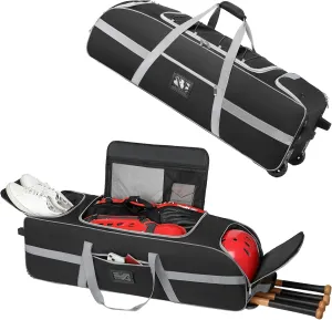 Large Catcher Gear Bag With Wheels, Soft Rolling Baseball Bag for 4 Bats, Portable Baseball Catcher Bag With Wheels, Multi-Pockets, Fence Hook, Holds All Softball Baseball Equipment (99*30*30cm)