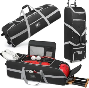 Large Catcher Gear Bag With Wheels, Soft Rolling Baseball Bag for 4 Bats, Portable Baseball Catcher Bag With Wheels, Multi-Pockets, Fence Hook, Holds All Softball Baseball Equipment (99*30*30cm)