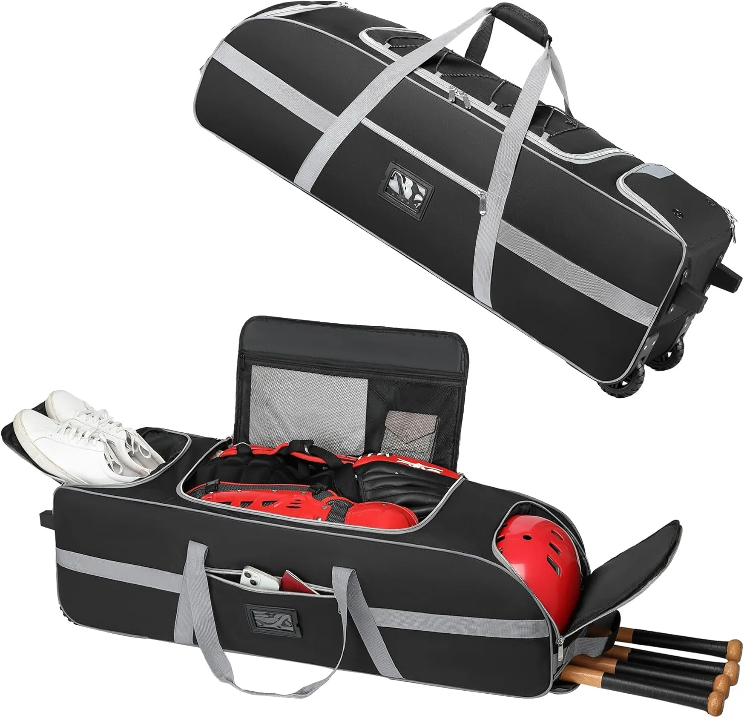 Large Catcher Gear Bag With Wheels, Soft Rolling Baseball Bag for 4 Bats, Portable Baseball Catcher Bag With Wheels, Multi-Pockets, Fence Hook, Holds All Softball Baseball Equipment (99*30*30cm)
