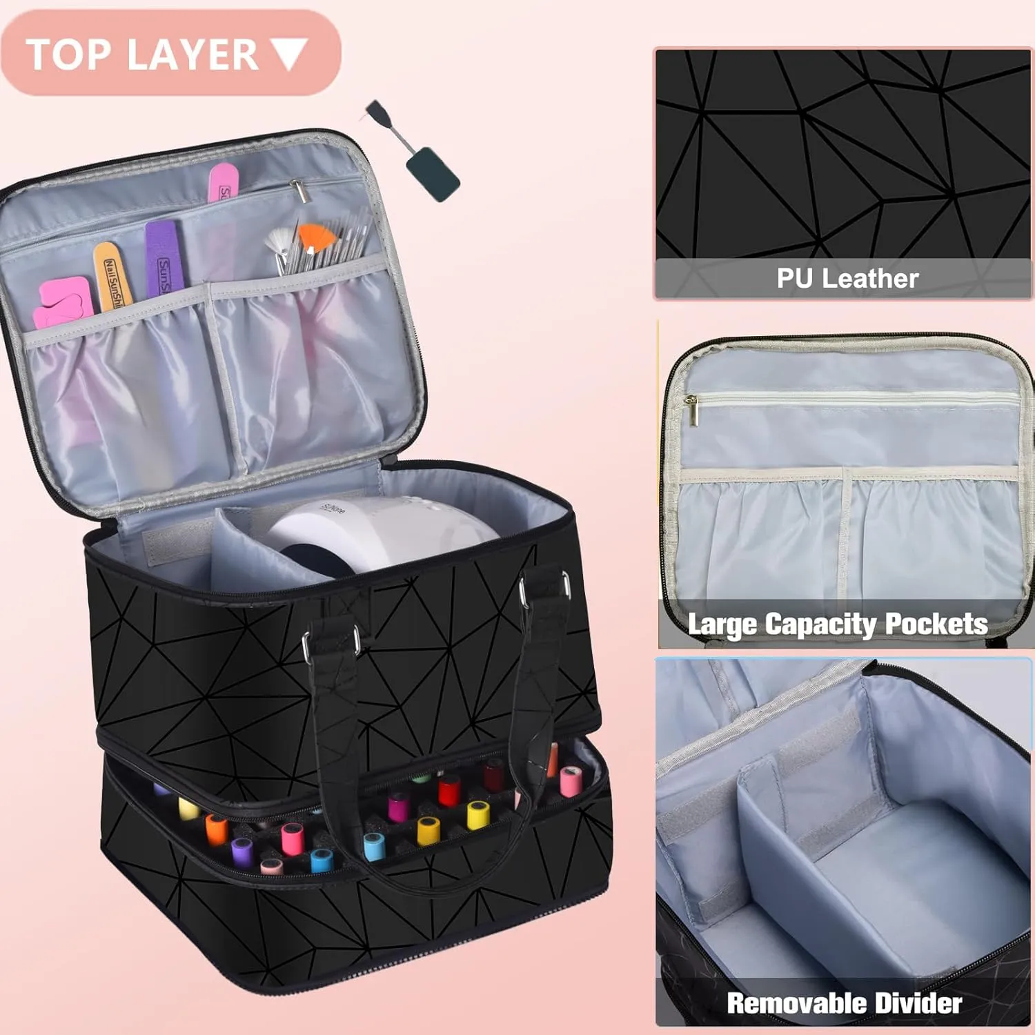 Large Nail Polish Organizer Case Hold 84  Bottles Nail Polish & Nail Lamp, 3 Layers Nail Organizers and Storage for Nail Tech with Divider, Travel Carrying Case(Black)