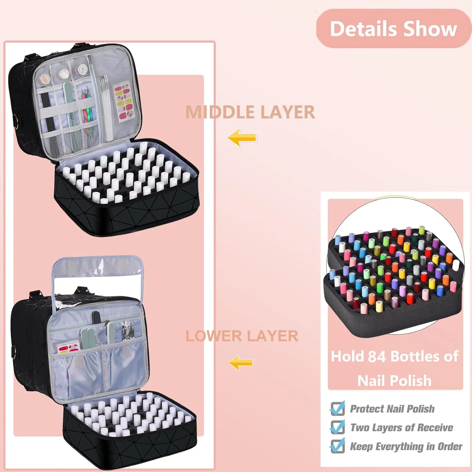 Large Nail Polish Organizer Case Hold 84  Bottles Nail Polish & Nail Lamp, 3 Layers Nail Organizers and Storage for Nail Tech with Divider, Travel Carrying Case(Black)