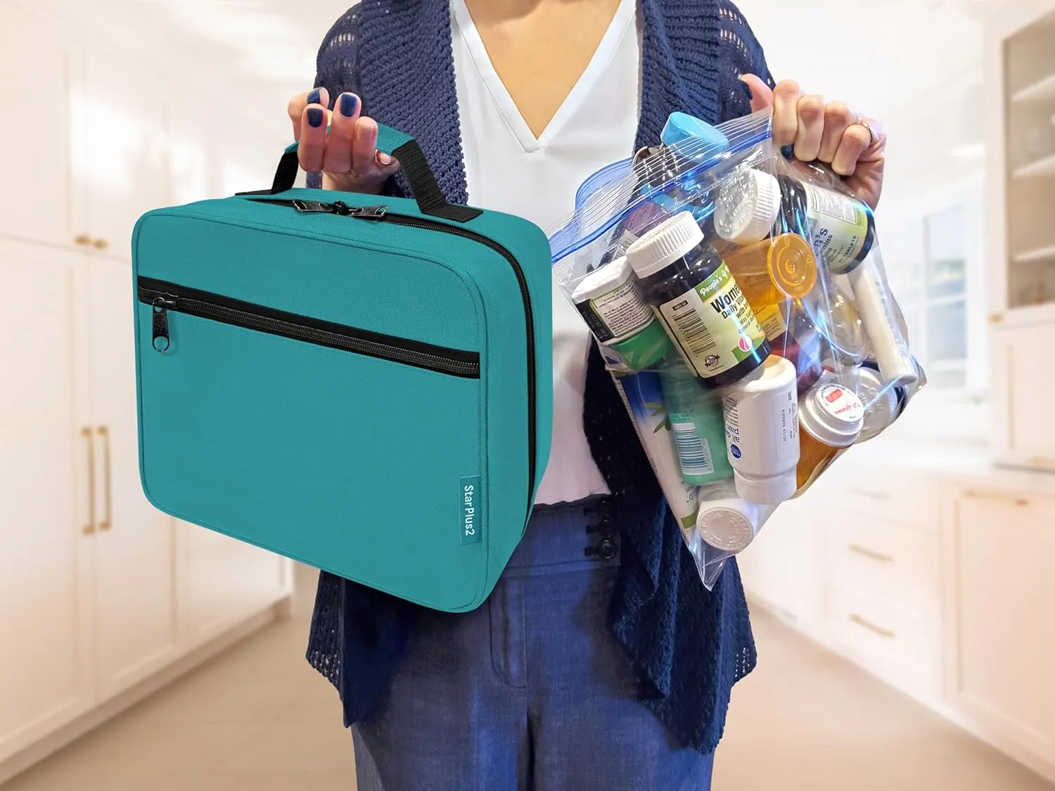 Large Padded Pill Bottle Organizer, Medicine Bag, Case, Carrier for Medications, Vitamins, and Medical Supplies - Travel Medicine Organizer and Home Storage Med Bag - Turquoise (Without Lock