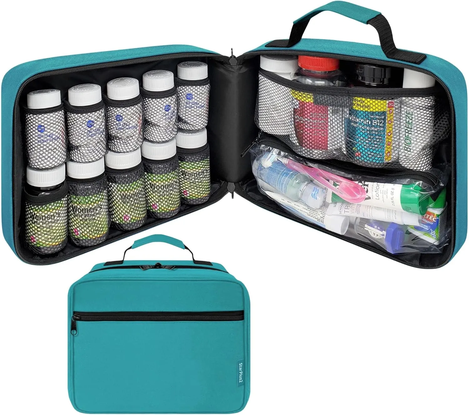 Large Padded Pill Bottle Organizer, Medicine Bag, Case, Carrier for Medications, Vitamins, and Medical Supplies - Travel Medicine Organizer and Home Storage Med Bag - Turquoise (Without Lock