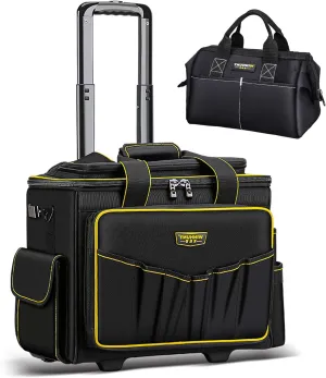Large Rolling Tool Bag with Double Wheels, Portable Tool Bag with Wheels, Waterproof Roller Tool Bag, Wheeled Tool Bag with Multiple Pockets, Black