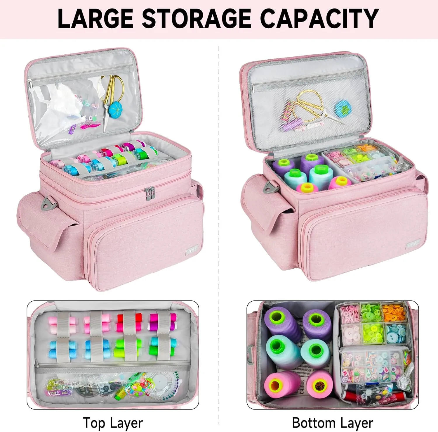 Large Sewing Supplies Organizer Storage Bag,Double-Layer Protable Travel Sewing Basket for Sew Accessories & Tools,Pink(Bag Only)