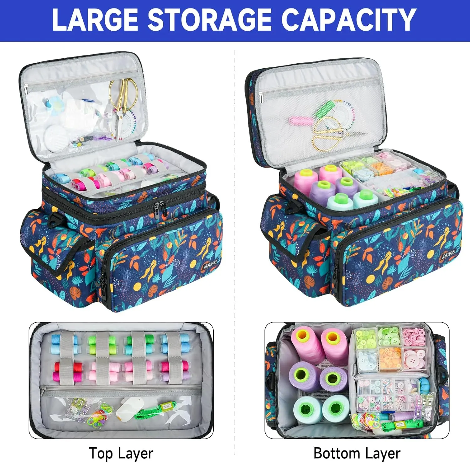 Large Sewing Supplies Organizer,Double-Layer Sewing Accessories Storage and Organizer Case Bag,Protable Travel Sewing Box Sewing Basket for Sewing Tools,Leaf Pattern(Bag Only)