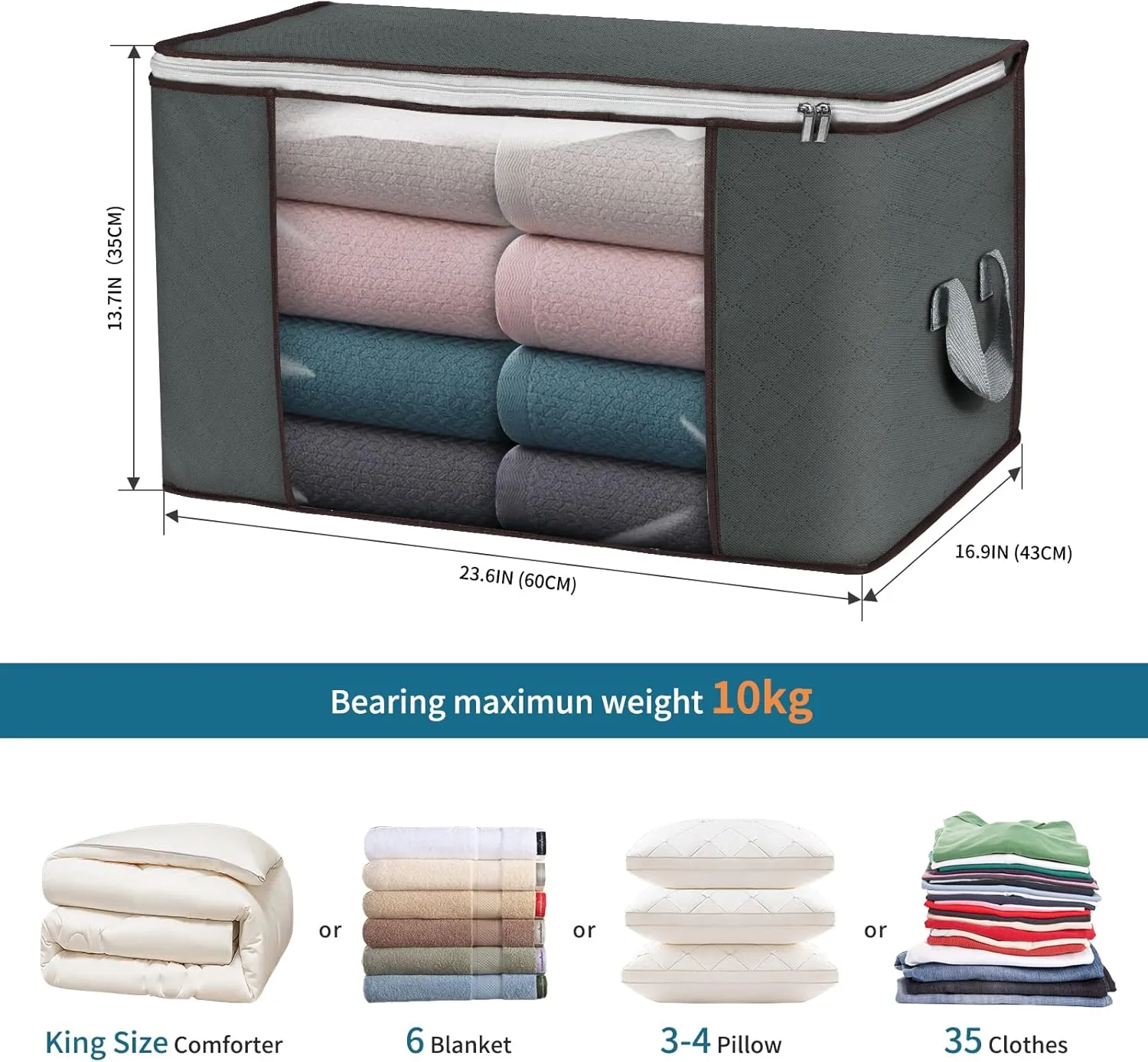 Large Storage Bags, 4 Pack Clothes Storage Bins Foldable Closet Organizers Storage Containers with Durable Handles Thick Fabric for Blanket Comforter Clothing Bedding 90 L (Gray)