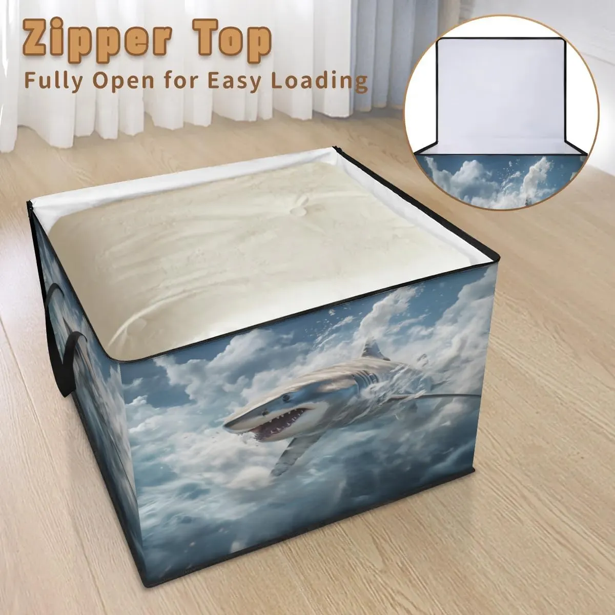 Large Storage Bags Ocean Shark Closet Organizer Foldable Clothes Storage Bins with Handles Storage Containers for Blanket Comforter Pillow