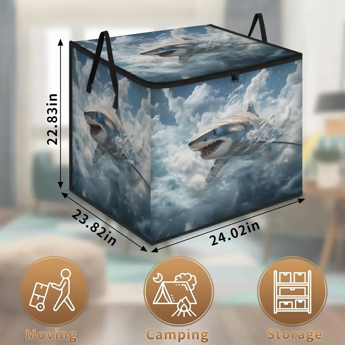 Large Storage Bags Ocean Shark Closet Organizer Foldable Clothes Storage Bins with Handles Storage Containers for Blanket Comforter Pillow