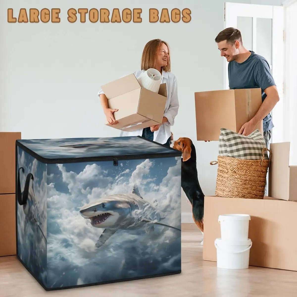 Large Storage Bags Ocean Shark Closet Organizer Foldable Clothes Storage Bins with Handles Storage Containers for Blanket Comforter Pillow
