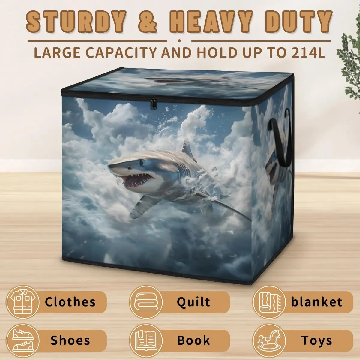 Large Storage Bags Ocean Shark Closet Organizer Foldable Clothes Storage Bins with Handles Storage Containers for Blanket Comforter Pillow