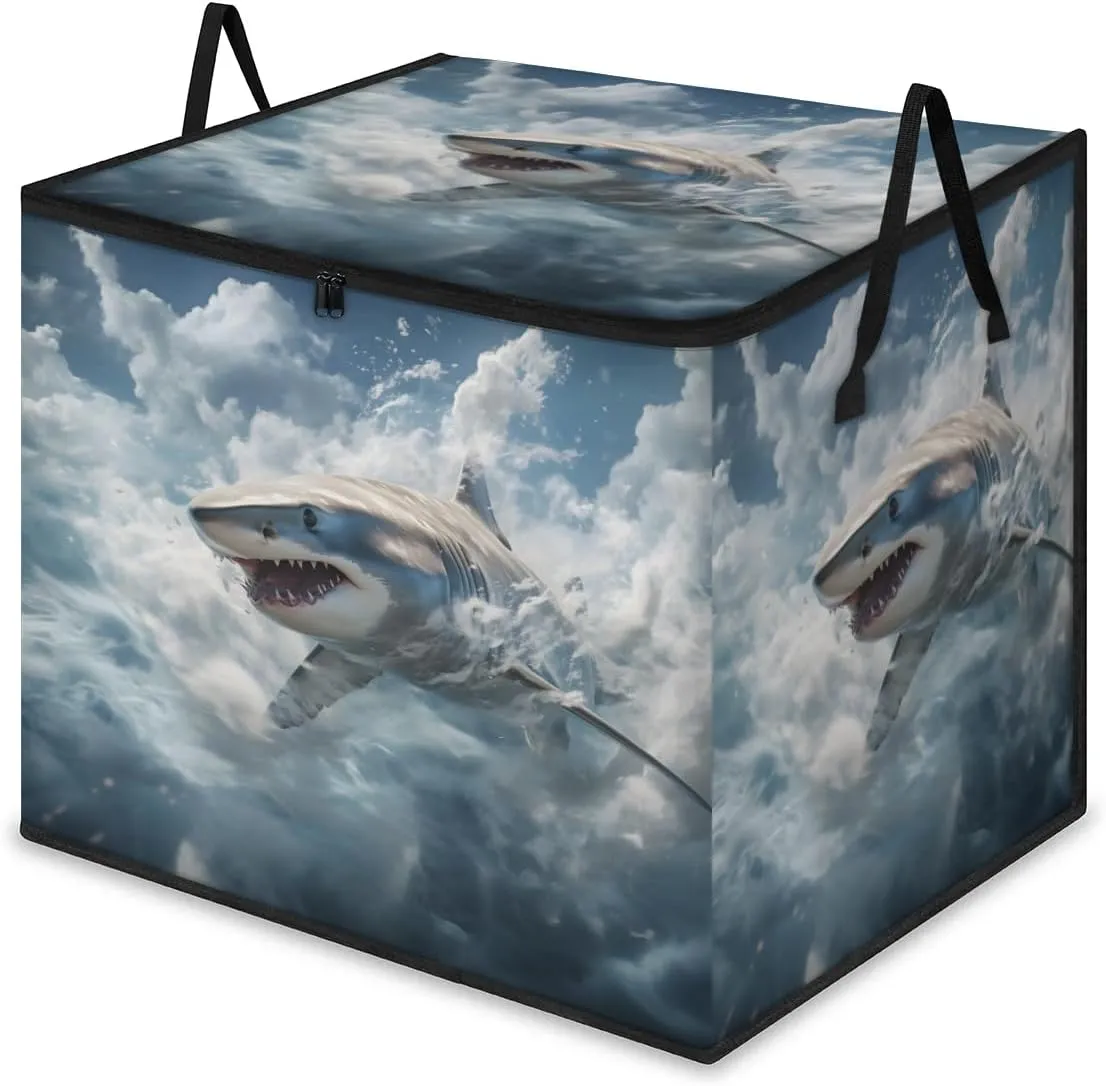 Large Storage Bags Ocean Shark Closet Organizer Foldable Clothes Storage Bins with Handles Storage Containers for Blanket Comforter Pillow