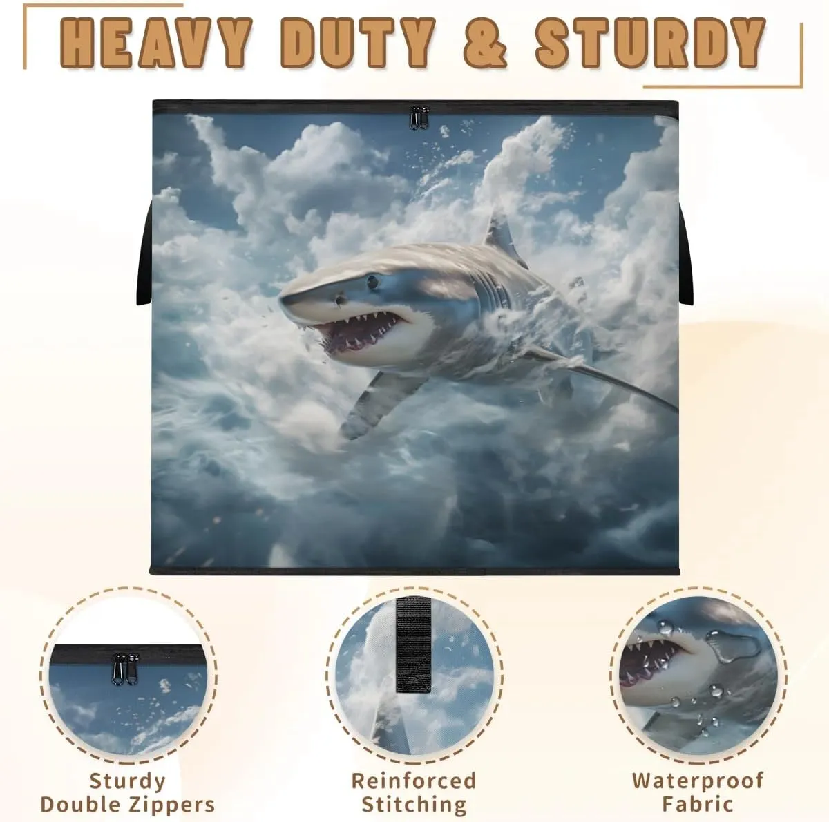 Large Storage Bags Ocean Shark Closet Organizer Foldable Clothes Storage Bins with Handles Storage Containers for Blanket Comforter Pillow