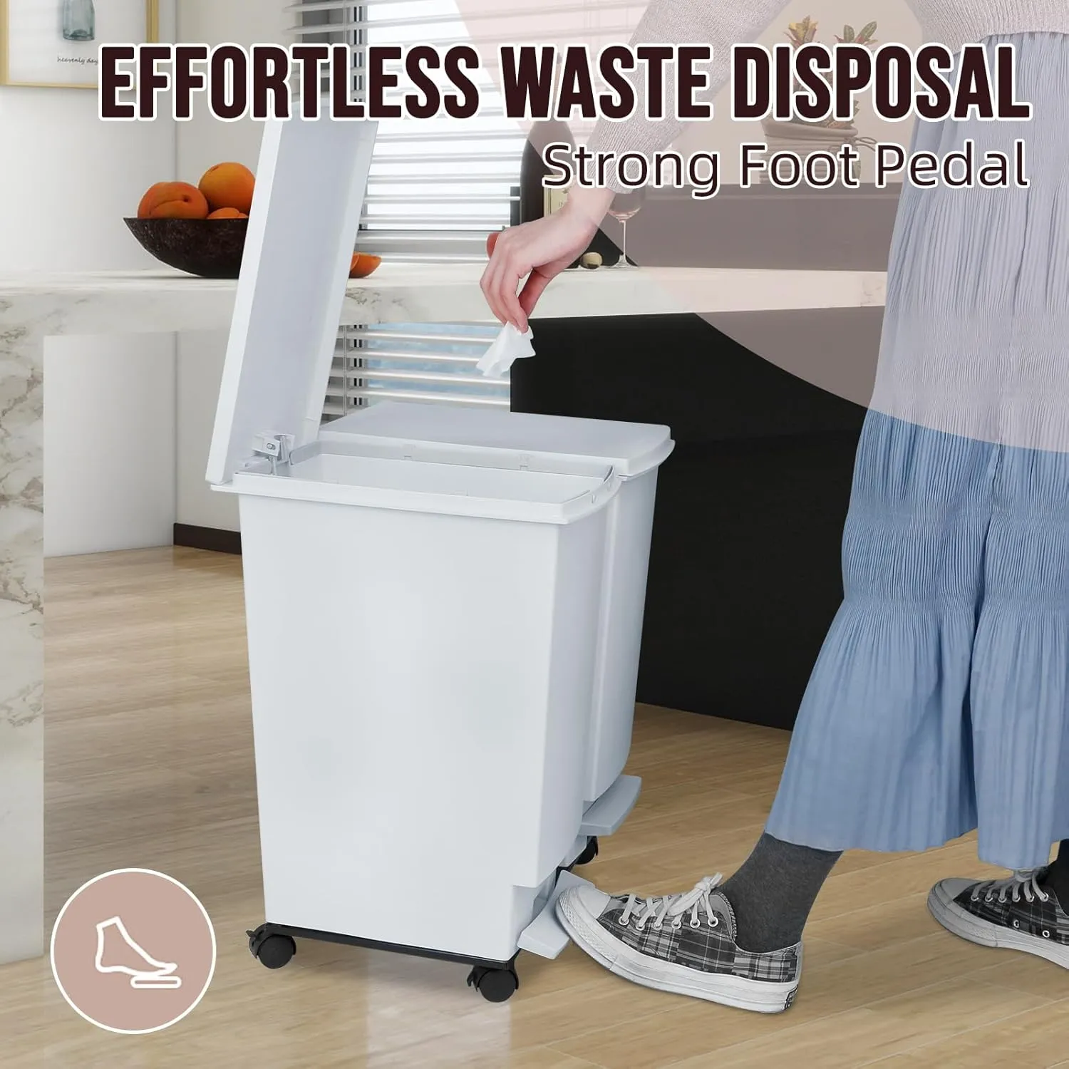 Large Trash Can with Wheels and Lid, 8 Gallon Kitchen Foot Pedal Garbage Can with 360° Swivel Casters, Hands Free Step On Recycling White Trash Can - Odor Block, Durable Metal Wheel Base, 2Pack