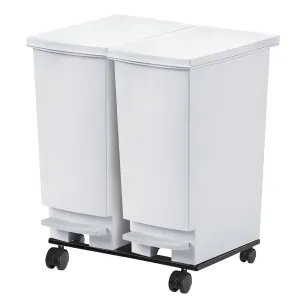 Large Trash Can with Wheels and Lid, 8 Gallon Kitchen Foot Pedal Garbage Can with 360° Swivel Casters, Hands Free Step On Recycling White Trash Can - Odor Block, Durable Metal Wheel Base, 2Pack