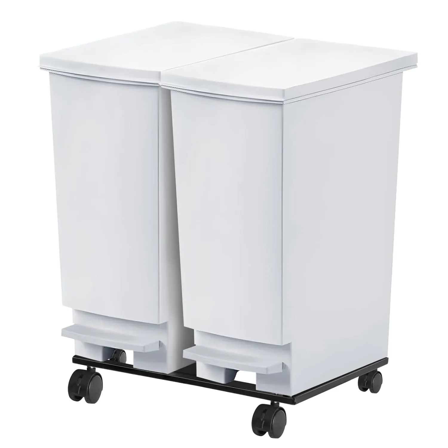 Large Trash Can with Wheels and Lid, 8 Gallon Kitchen Foot Pedal Garbage Can with 360° Swivel Casters, Hands Free Step On Recycling White Trash Can - Odor Block, Durable Metal Wheel Base, 2Pack
