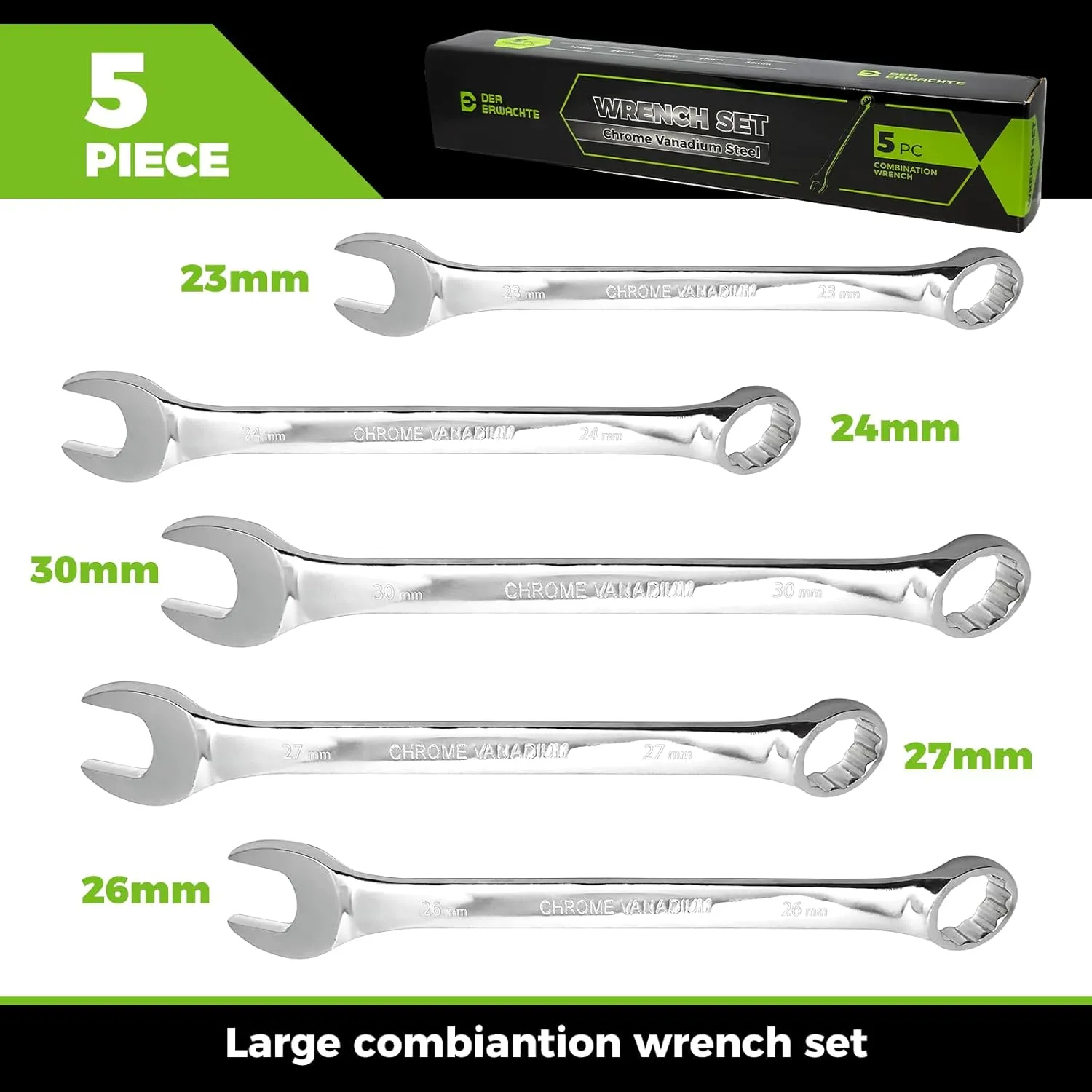 Large Wrench Set with Rolling Pouch, Metric, 5-Piece, 23mm, 24mm, 26mm, 27mm, 30mm, 12 Point, Chrome Vanadium Steel