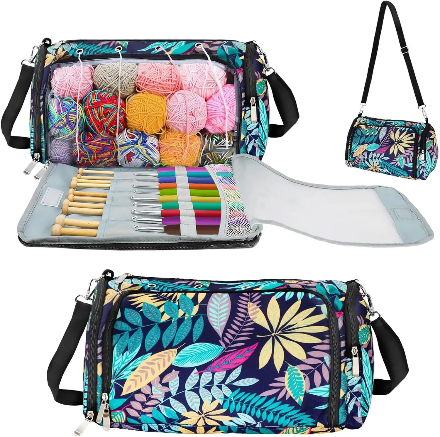 Large Yarn Storage Organizer,Waterproof Crochet Shoulder Bag for Women, Portable Knitting Bag with Pockets for Crochet Hooks, Knitting Needles&Accessories, Perfect Travel Gift for Crocheters