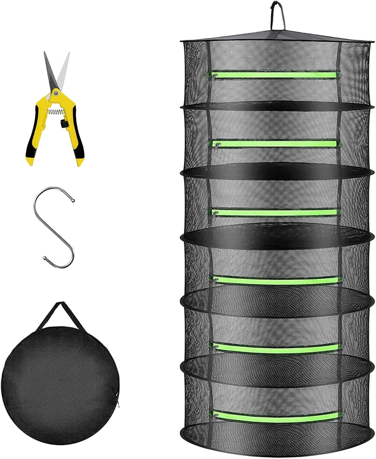 Layer 2ft Herb Drying Rack Hanging Mesh Net with Green Zippers,Bonus Hook Drying Rack Herbs for Plant Bud Seed,Herb Dry Net for Garden(6 Layer, Zipper Type)