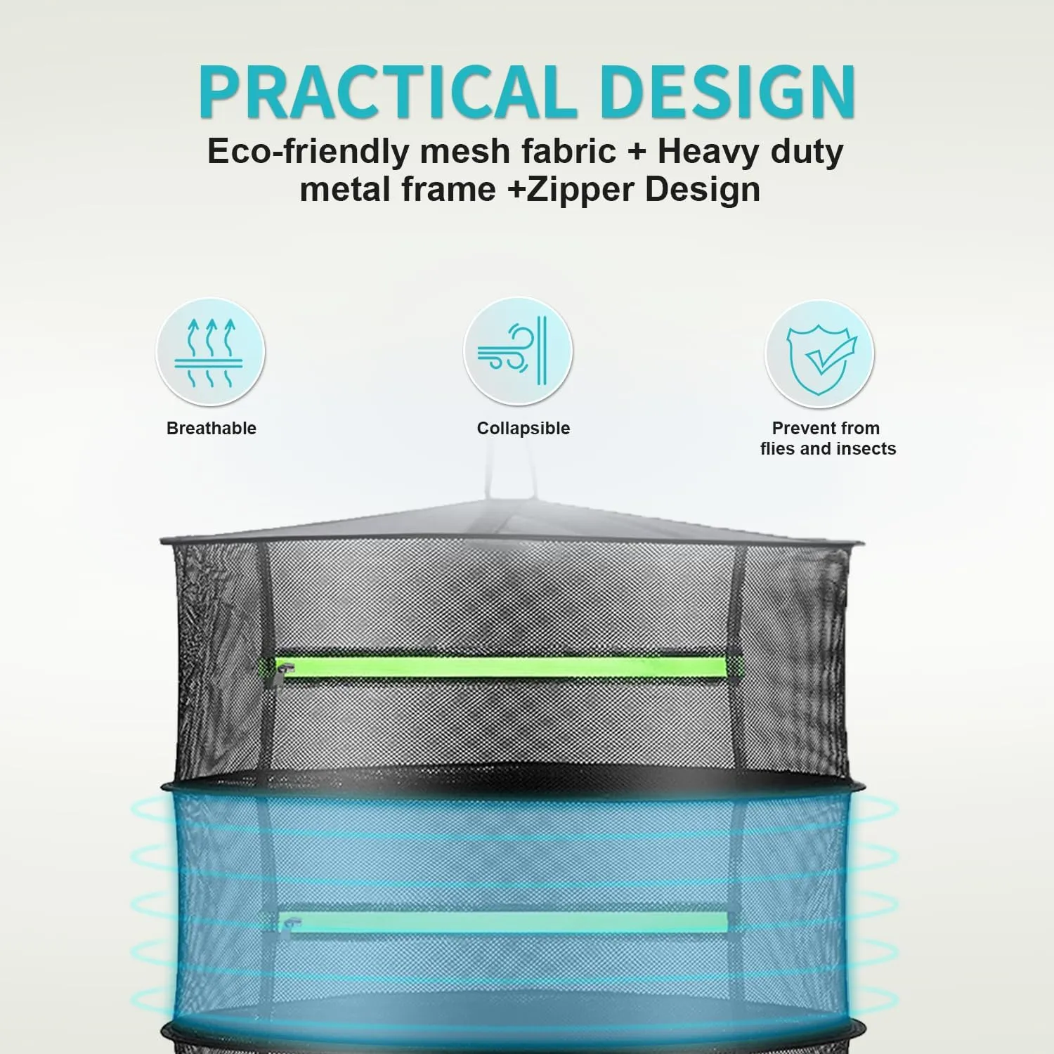 Layer 2ft Herb Drying Rack Hanging Mesh Net with Green Zippers,Bonus Hook Drying Rack Herbs for Plant Bud Seed,Herb Dry Net for Garden(6 Layer, Zipper Type)