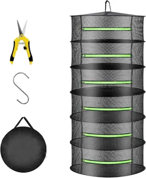 Layer 2ft Herb Drying Rack Hanging Mesh Net with Green Zippers,Bonus Hook Drying Rack Herbs for Plant Bud Seed,Herb Dry Net for Garden(6 Layer, Zipper Type)