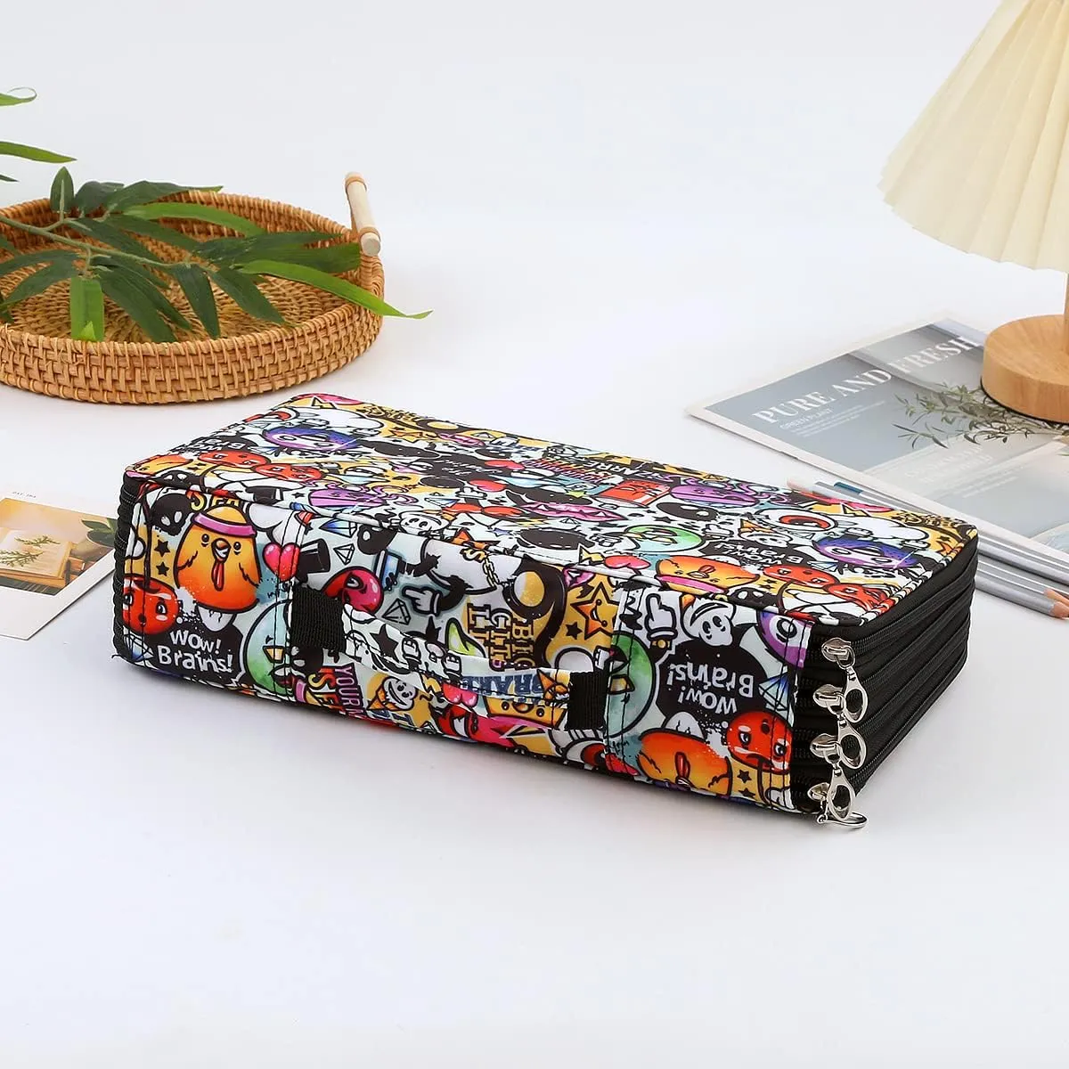 Lbxgap Colored Pencil Case- 300 Individual Slots Pencil Holder Pencil Bag Large Capacity Pencil Organizer with Handle Strap Handy Colored Pencil Box with Printing Pattern