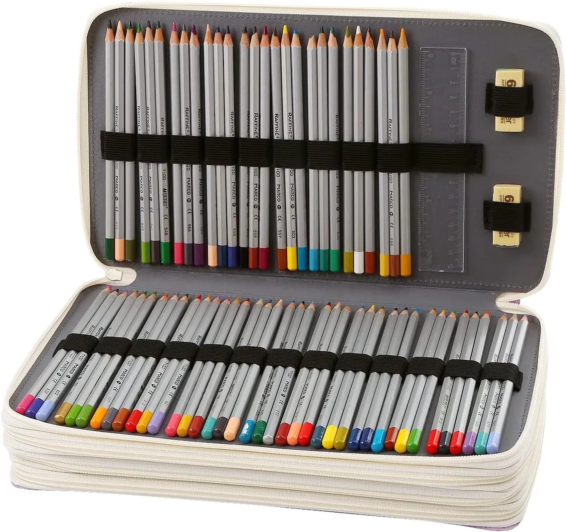Lbxgap Colored Pencil Case- 300 Individual Slots Pencil Holder Pencil Bag Large Capacity Pencil Organizer with Handle Strap Handy Colored Pencil Box with Printing Pattern