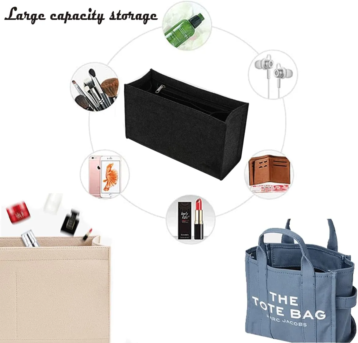 Lckaey purse insert insert for marc jacobs large tote bag tote bag insert organizer 2042black-L