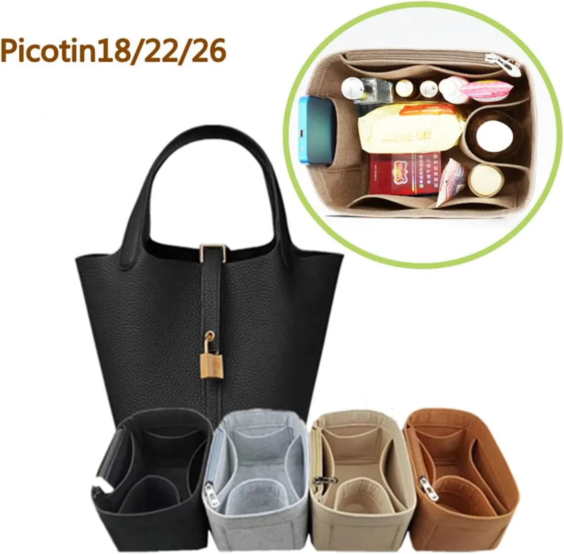 Lckaey Purse Organizer insert for picotin 26 bag organizer 1098camel-L