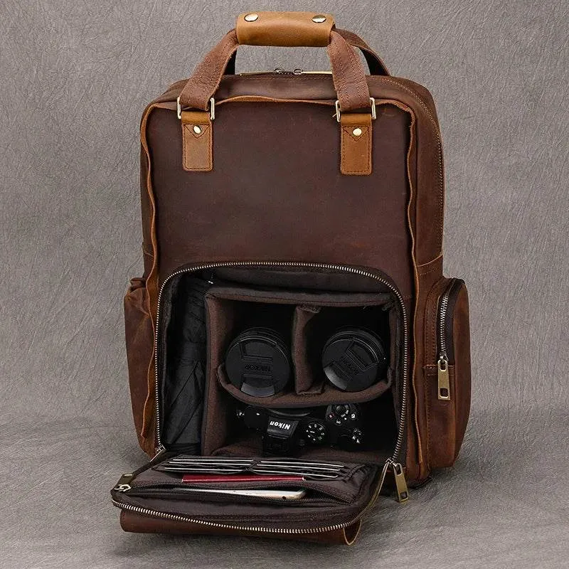 Leather Backpack for Camera DSLR Genuine Travel Bag Large