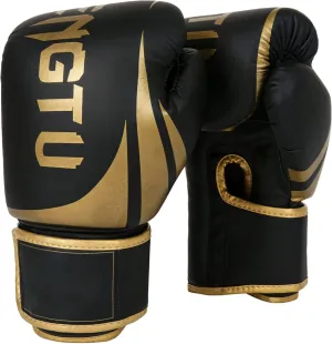 Leather Boxing Gloves for Teens, Tear-Resistant Pu, Foam Padding, Elastic Wrist Support, 8 Oz, Black and Gold, Fits 5.5-6.7 Hands