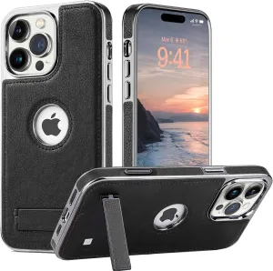 Leather Case for iPhone 16 Pro with Kickstand, 2 Adjustable Stand Modes, Retro Luxury Business Electroplated Edges Military-Grade Drop Protection Slim Back Cover for iPhone 16 Pro (Black)