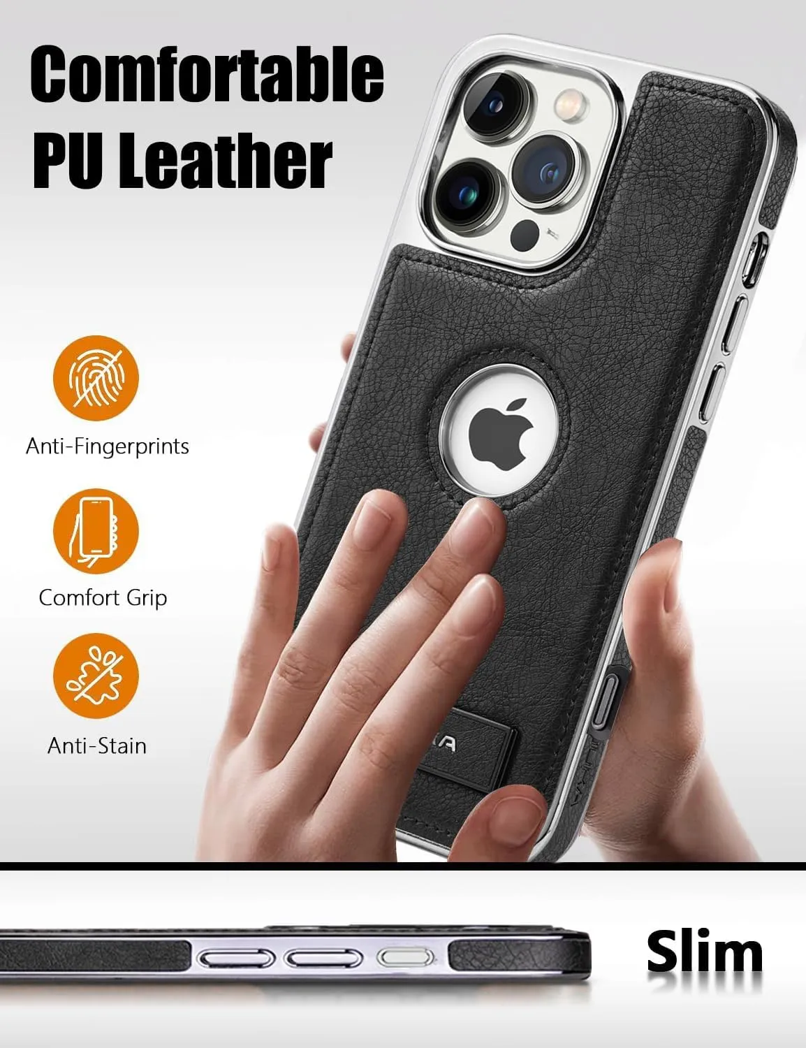 Leather Case for iPhone 16 Pro with Kickstand, 2 Adjustable Stand Modes, Retro Luxury Business Electroplated Edges Military-Grade Drop Protection Slim Back Cover for iPhone 16 Pro (Black)