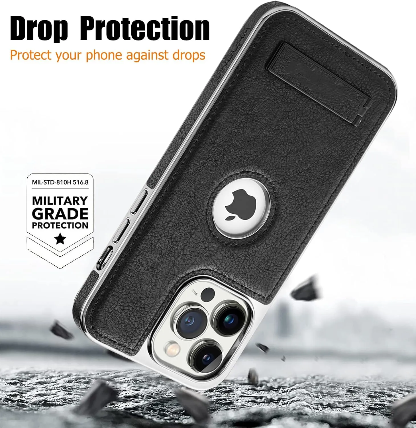 Leather Case for iPhone 16 Pro with Kickstand, 2 Adjustable Stand Modes, Retro Luxury Business Electroplated Edges Military-Grade Drop Protection Slim Back Cover for iPhone 16 Pro (Black)