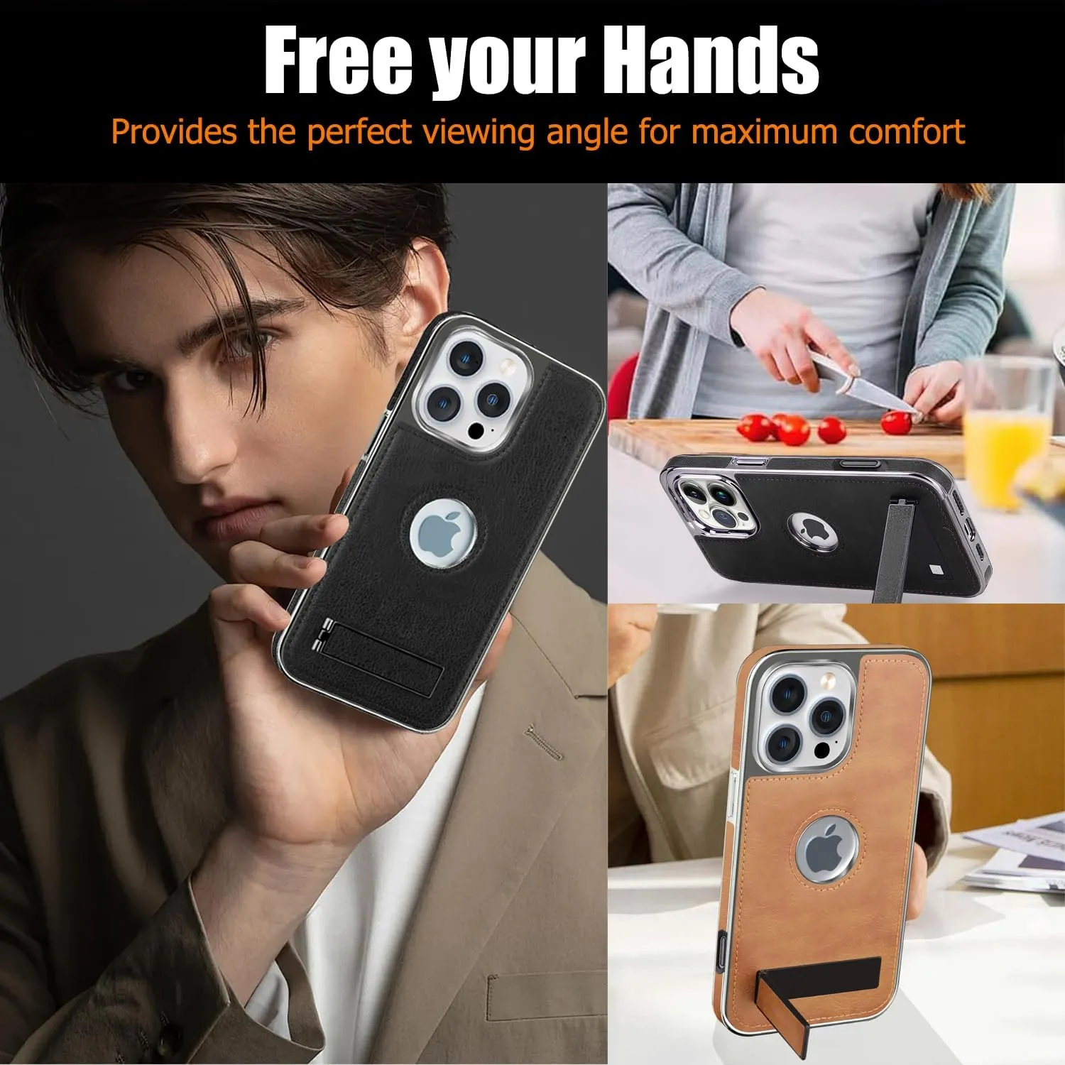 Leather Case for iPhone 16 Pro with Kickstand, 2 Adjustable Stand Modes, Retro Luxury Business Electroplated Edges Military-Grade Drop Protection Slim Back Cover for iPhone 16 Pro (Black)