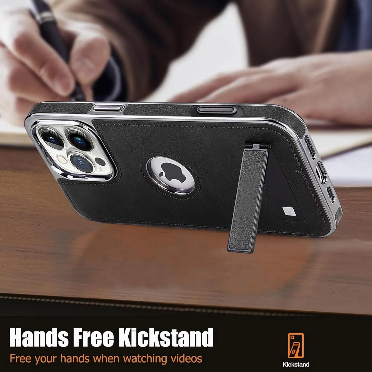 Leather Case for iPhone 16 Pro with Kickstand, 2 Adjustable Stand Modes, Retro Luxury Business Electroplated Edges Military-Grade Drop Protection Slim Back Cover for iPhone 16 Pro (Black)