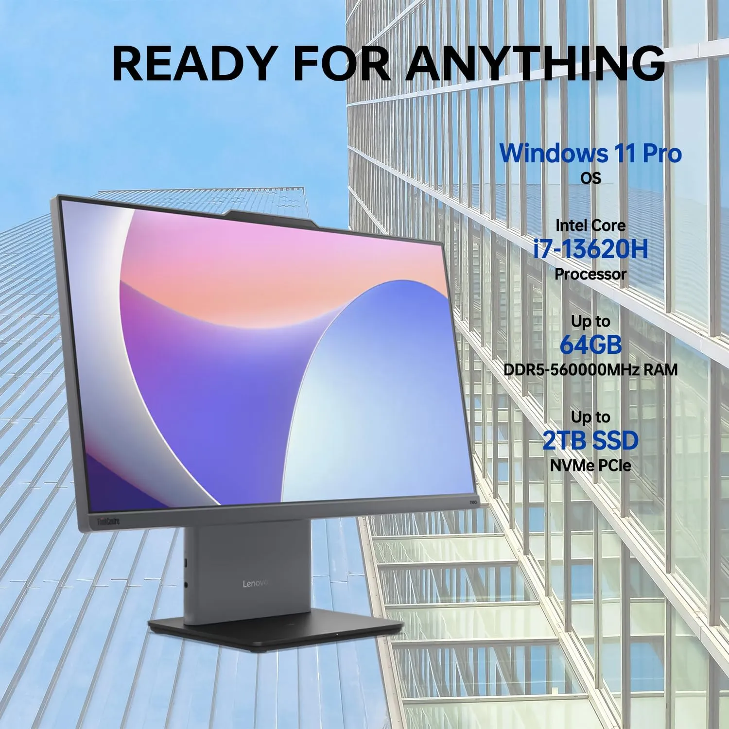 Lenovo ThinkCentre Neo 50a Business All-in-One, 23.8" FHD Anti-Glare Display, Intel Core i7-13620H, 32GB DDR5 RAM, 1TB SSD, Wired KB & Mouse, HDMI, RJ-45, Webcam, Wi-Fi 6, Windows 11 Pro, Black