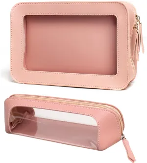 LETGO 2Pack Clear Makeup Bags, TSA Approved Toiletry Bag with Zipper, Clear Makeup Organizer Fit Carry-on Travel Pink Car Accessories Essentials for Women(2Pack-Pink Set)