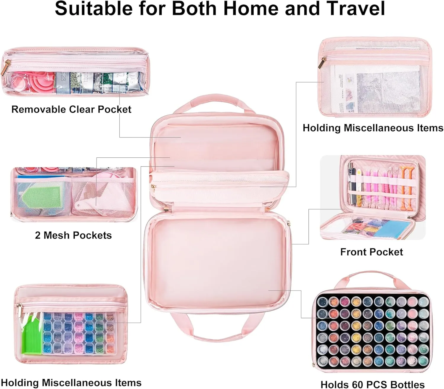 Leudes Diamond Painting Storage Containers, 60 Slots Bead Storage Box for Diamond Art Kits Accessories Organizer Case(Only Bottles and Bag) (Pink-1(60 Jars))