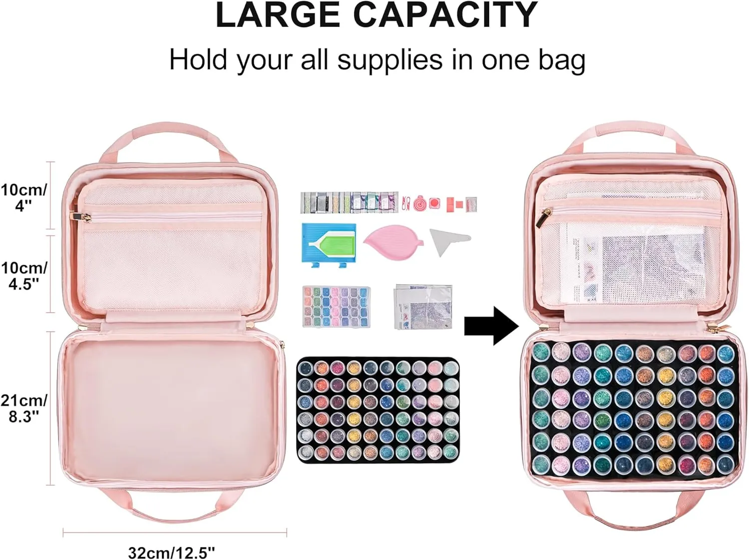 Leudes Diamond Painting Storage Containers, 60 Slots Bead Storage Box for Diamond Art Kits Accessories Organizer Case(Only Bottles and Bag) (Pink-1(60 Jars))