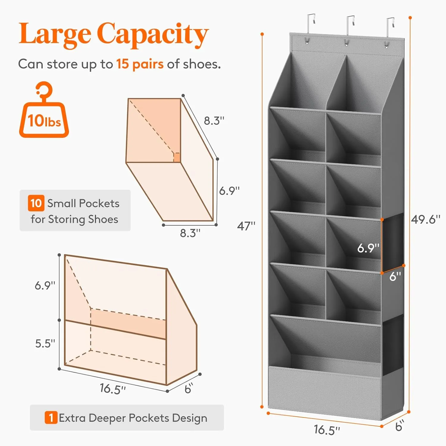 Lifewit Over The Door Shoe Organizers, 4 Packs Hanging Shoe Rack with 11 Pockets, 5 Layers Shoe Holder for Closet Door Storage Includes Boots, Toys, Water Bottles, Daily Necessities, Gray
