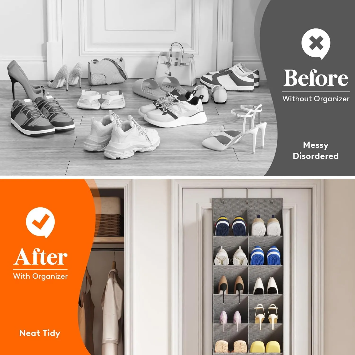 Lifewit Over The Door Shoe Organizers, 4 Packs Hanging Shoe Rack with 11 Pockets, 5 Layers Shoe Holder for Closet Door Storage Includes Boots, Toys, Water Bottles, Daily Necessities, Gray