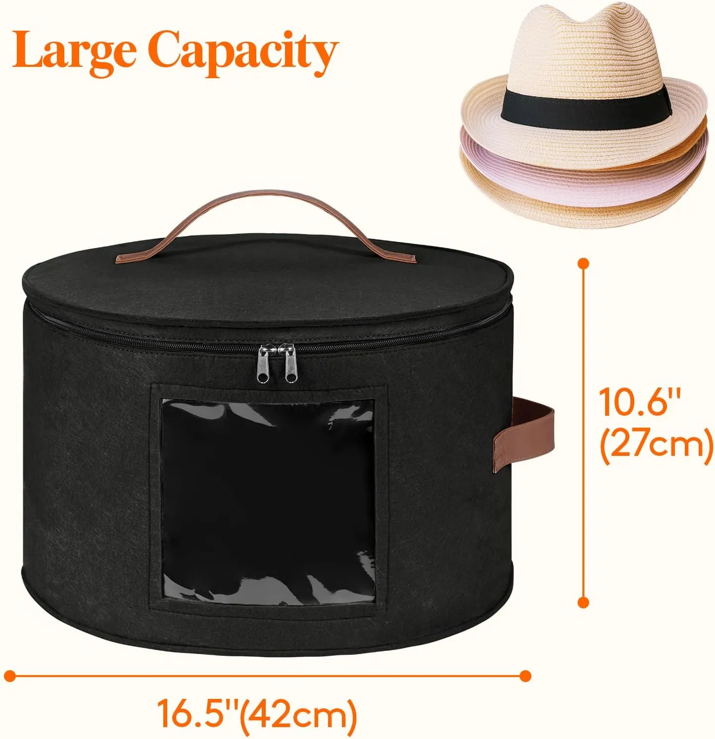 Lifewit Round Felt Hat Box, Stackable Bamboo Supports Cowboy Hat Travel Case with Dustproof Lid, Hat Organizer Bag for Women Storage, Foldable 16.5" D x 10.6" H Caps Container Carrier, 1 Pack-Black