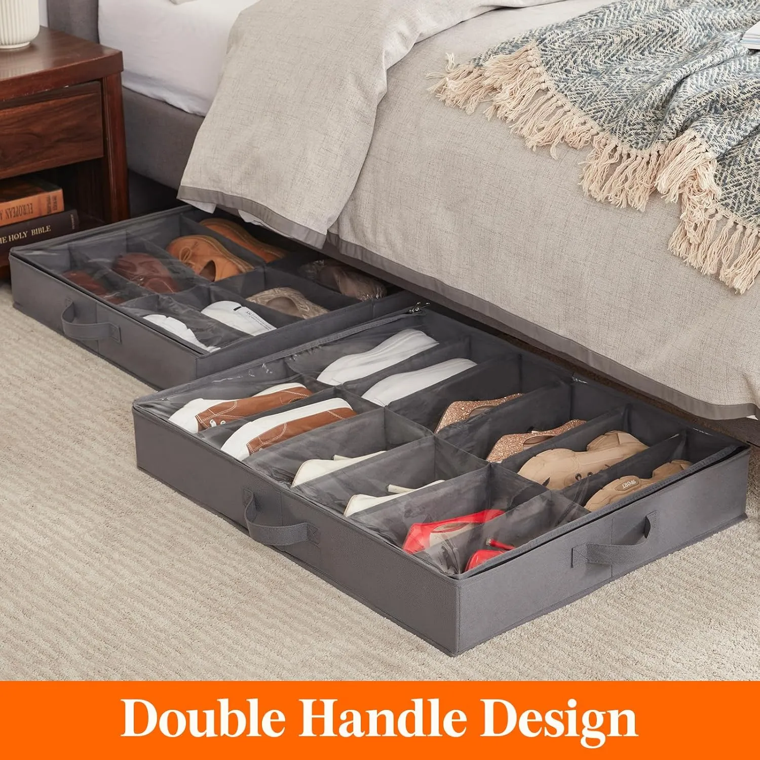Lifewit Under Bed Shoe Storage Organizer Set of 2, 4.3 Inches Tall Low Profile Fabric Shoes Container Box with Clear Cover, Foldable Storage Bag with 2 Handles, Total Fits 24 Pairs of Shoes, Grey