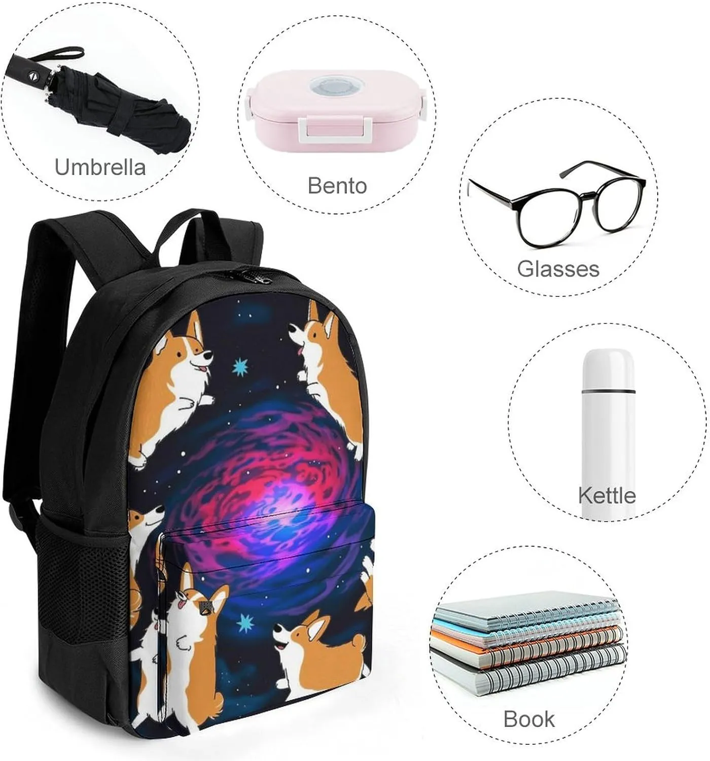 Lightweight Backpack for Gym Travel Bicycle - Big Capacity Multipurpose Anti-Theft Carry On Bag, Galaxy Space Cute Corgi Running Art Travel Hiking Bag & Day Pack